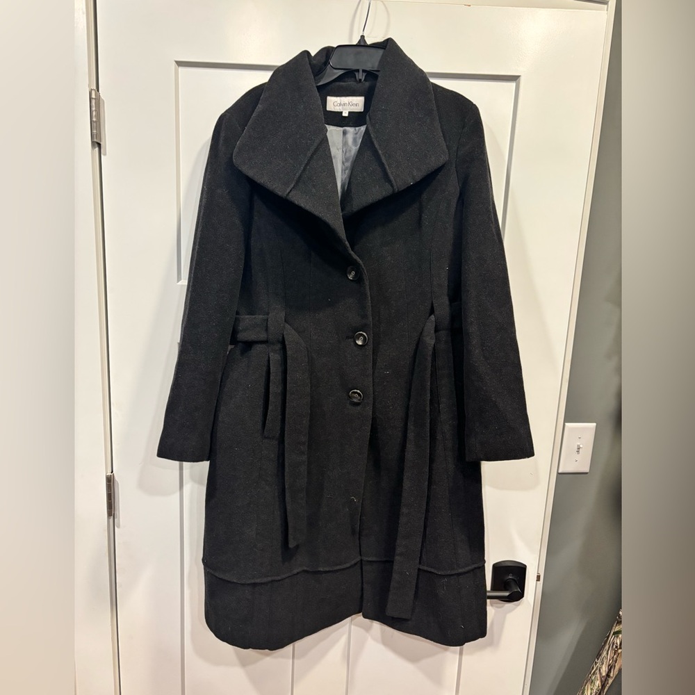 Calvin Klein Wool Blend Pea Trench Coat Size 14 Belted Pockets Lined Black - Picture 1 of 5